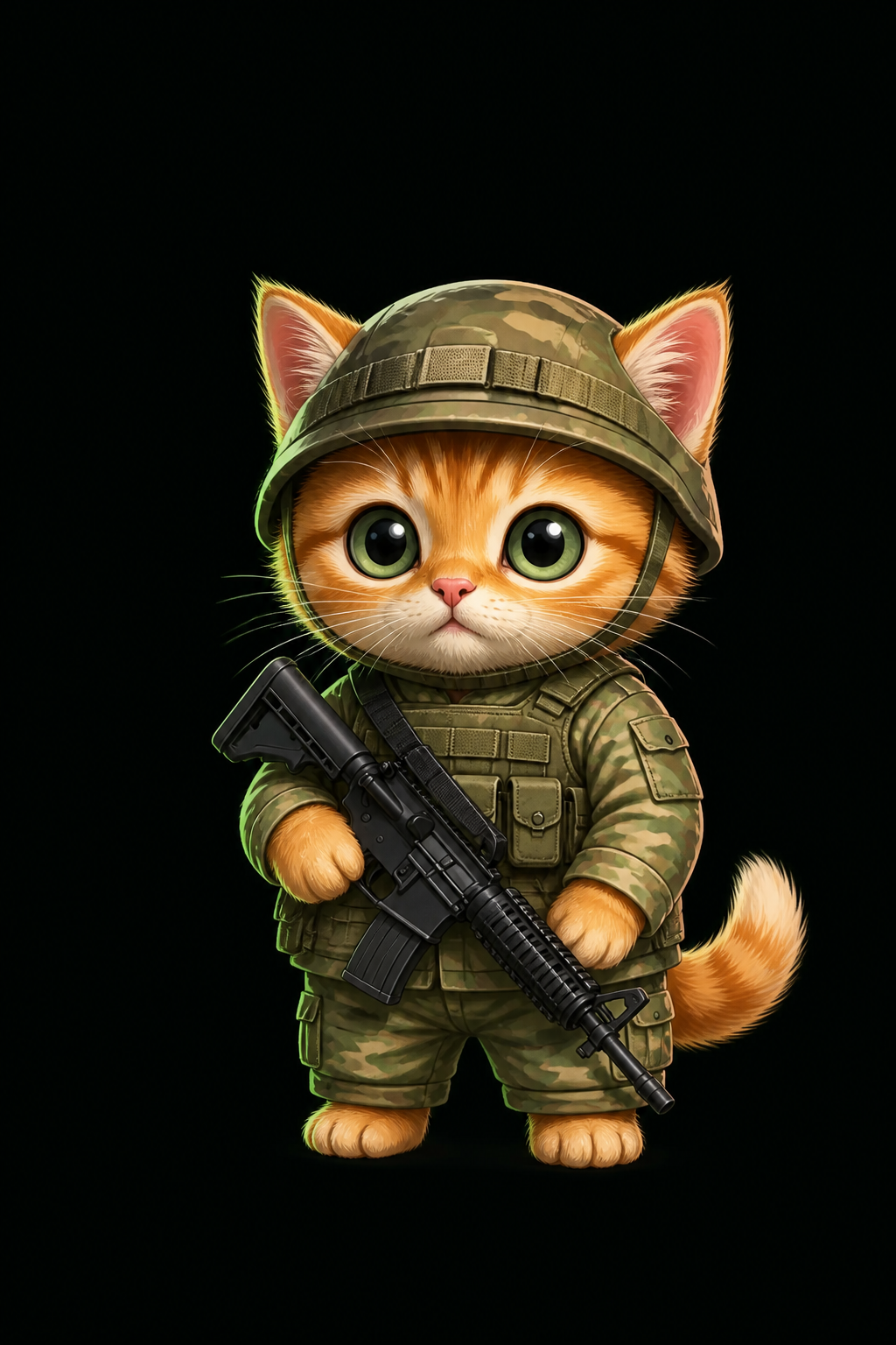 A friendly orange tabby kitten in a modern military field outfit